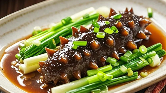 A classic seafood dish of Shandong Cuisine in China: Braised Sea Cucumber with Scallions